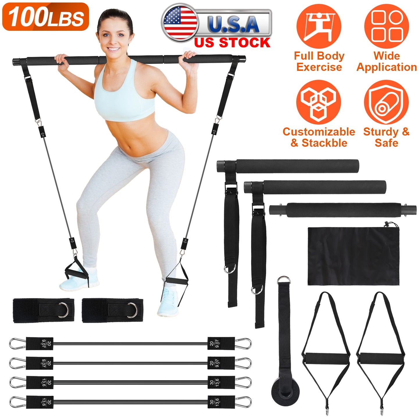 Pilates Bar Kit with 100LBS Resistance Bands & Accessories