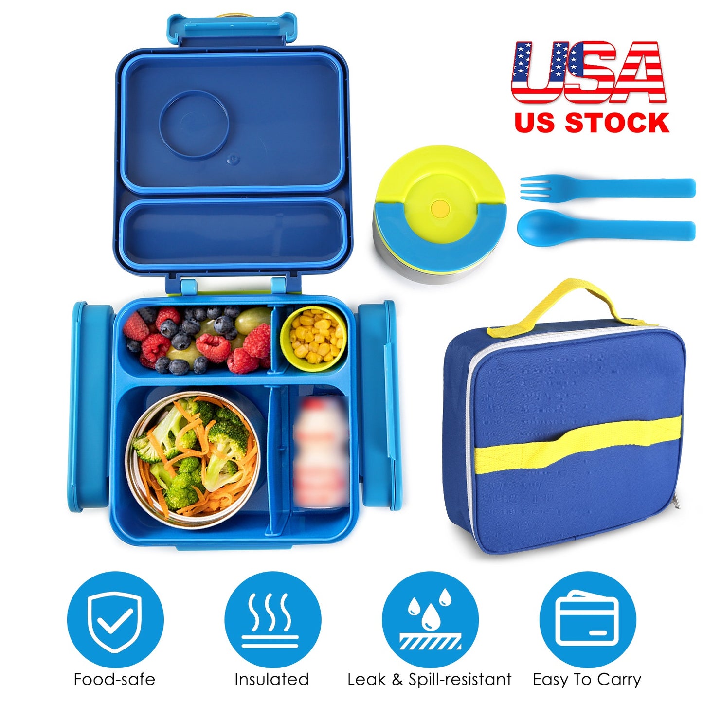 Kids Insulated Lunch Box with 2 Compartments & Utensils