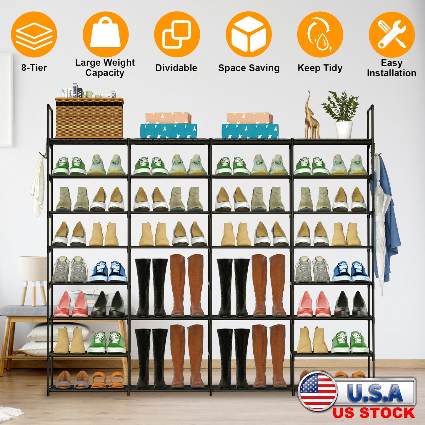 8-Tier Metal Shoe Rack - Holds 56 Pairs with Hooks