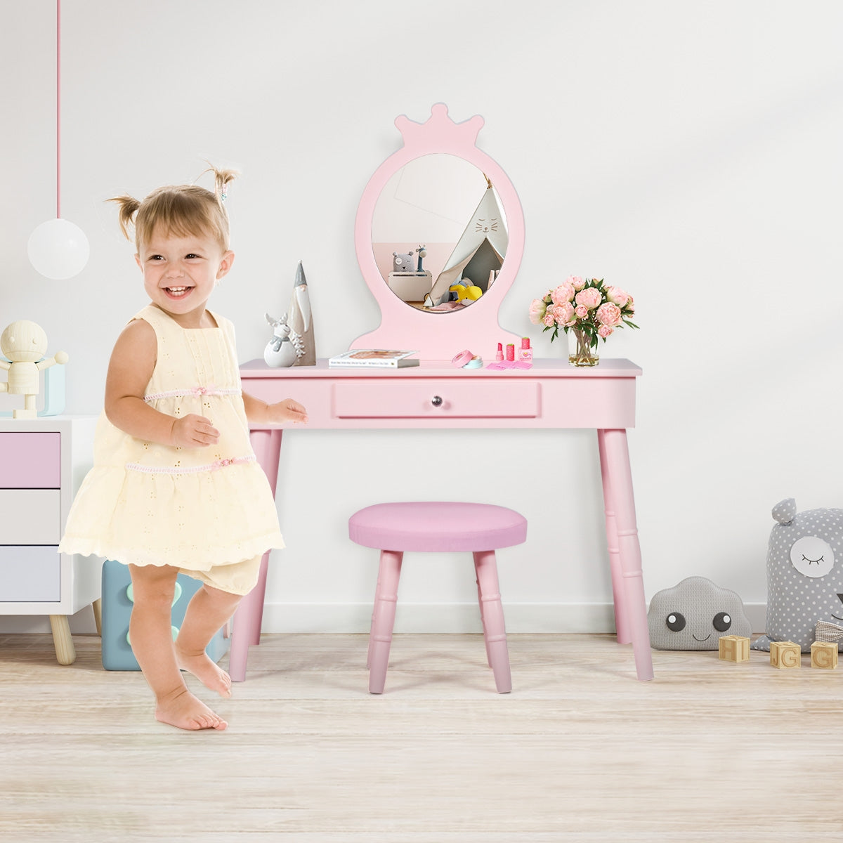 Kids Vanity Table and Chair Set with Mirror and Drawer