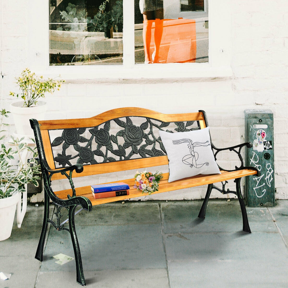 Outdoor Wooden Bench with Cast Iron Armrests - 49.5 Inch