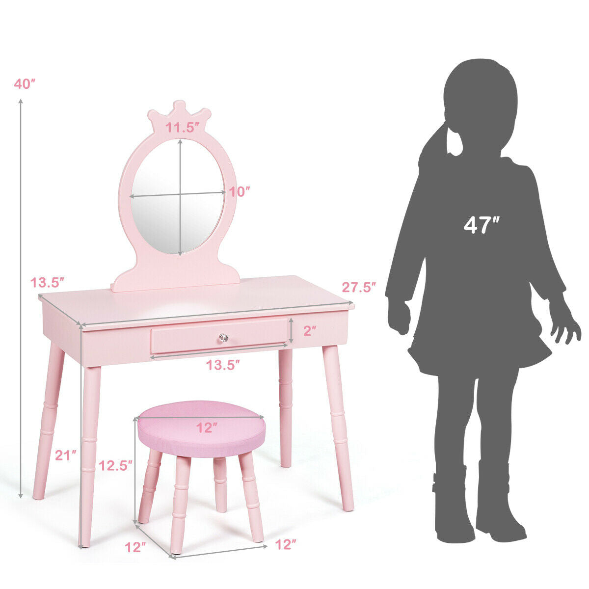 Kids Vanity Table and Chair Set with Mirror and Drawer