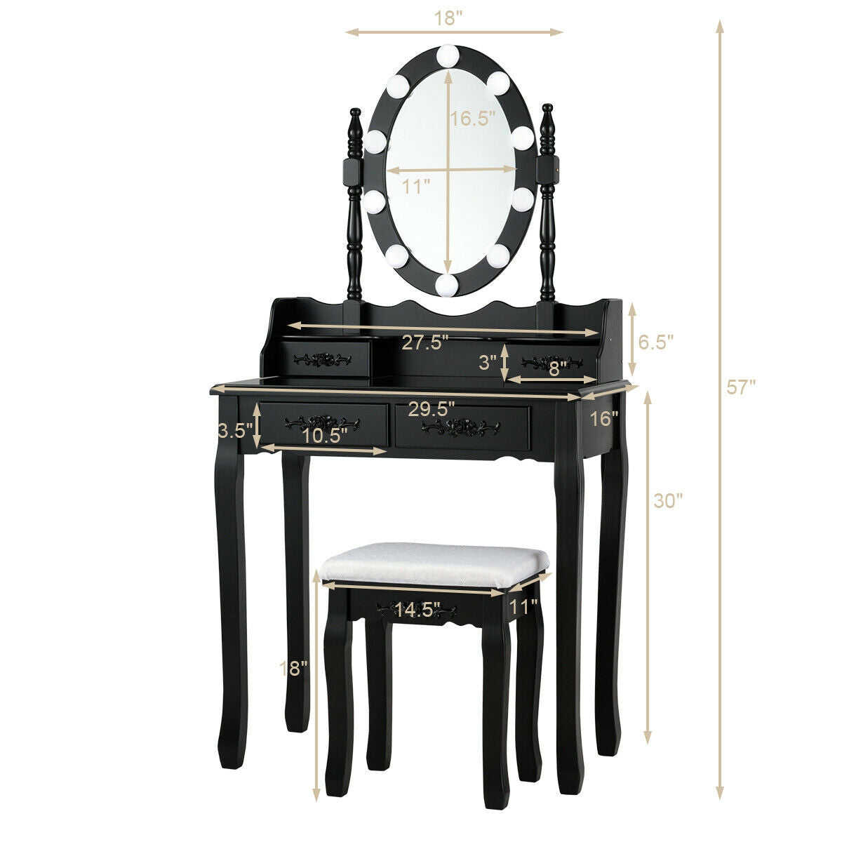 Makeup Vanity Table with Lighted Mirror and Cushioned Stool