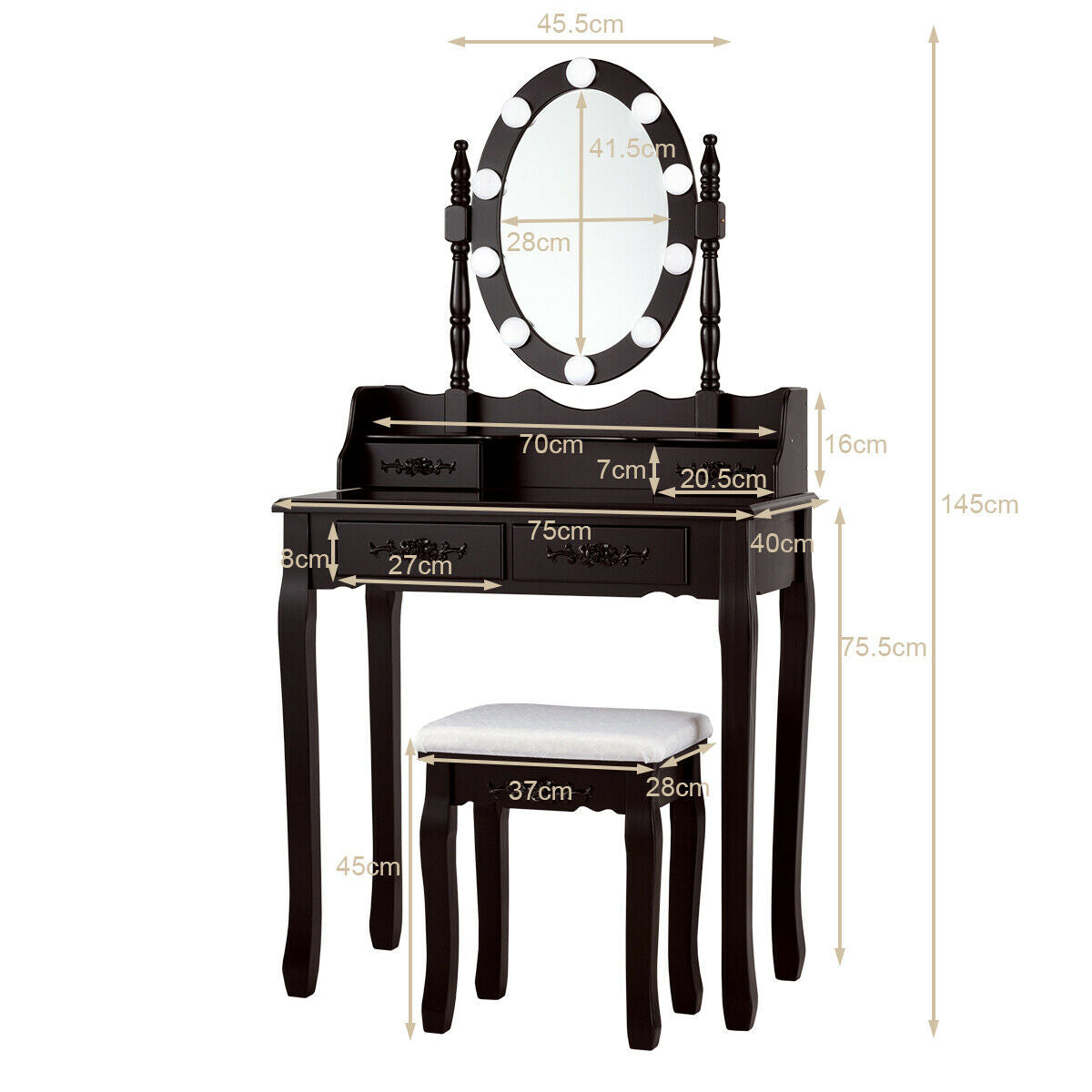 Makeup Vanity Table with Lighted Mirror and Cushioned Stool
