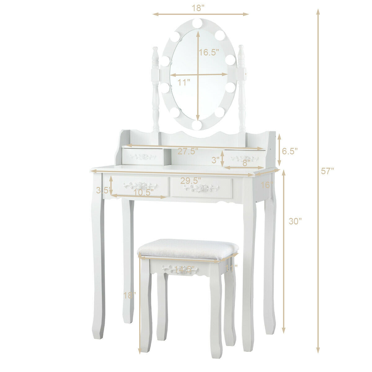 Makeup Vanity Table with Lighted Mirror and Cushioned Stool