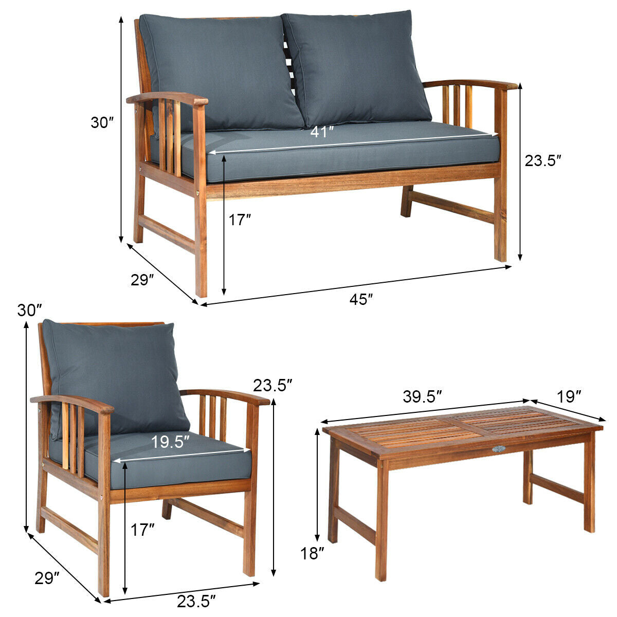 4-Piece Acacia Wood Patio Conversation Set with Cushions