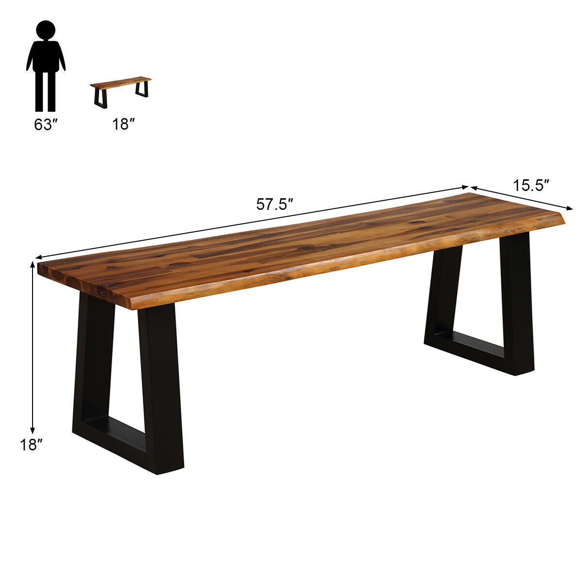 Acacia Wood Patio Bench with Metal Legs - 57.5 Inch