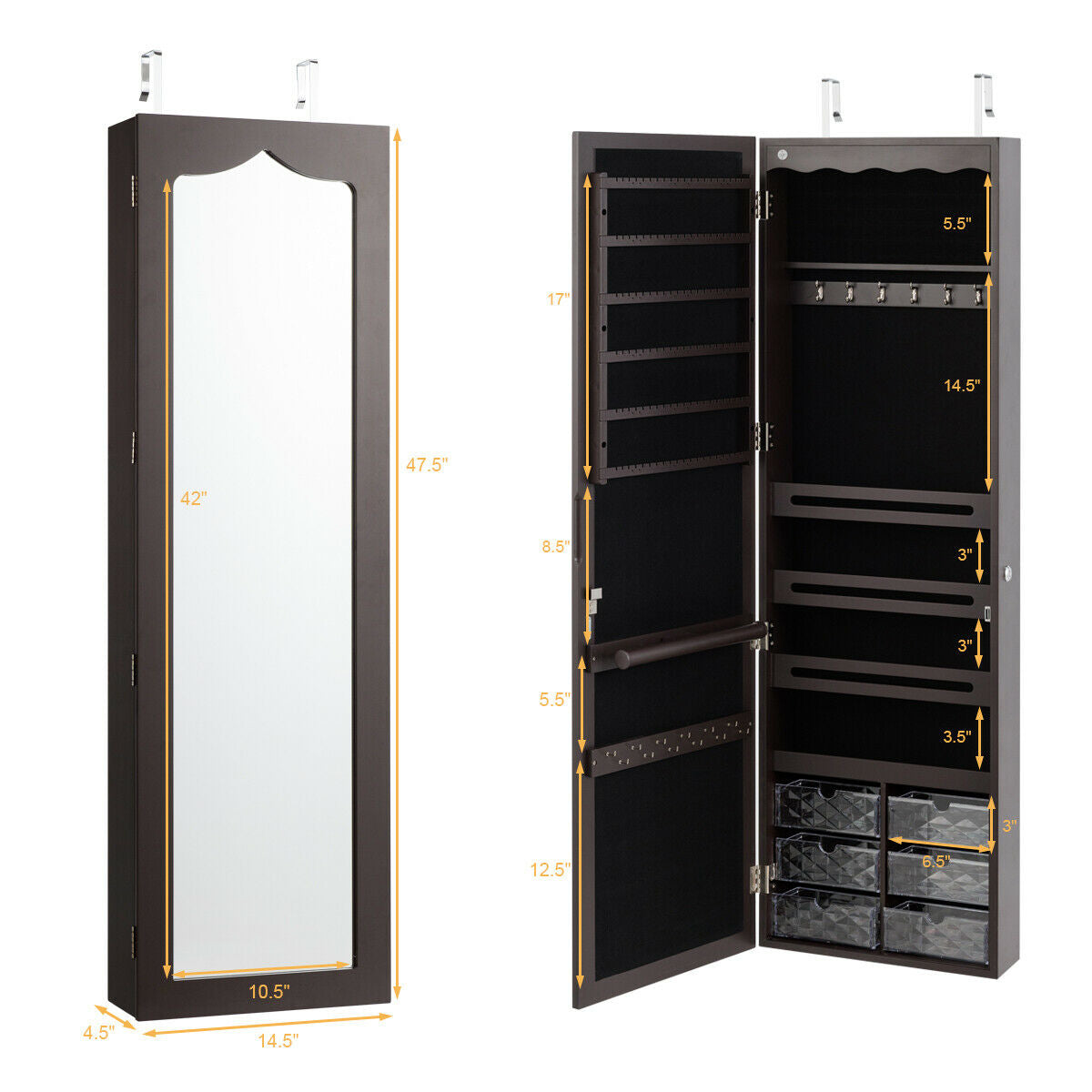 Wall Mounted Jewelry Armoire with LED Mirror - 47.5" Brown