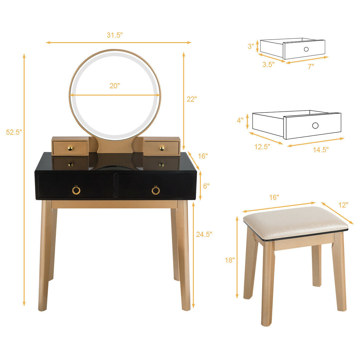 Makeup Vanity Table with LED Lighted Mirror and Stool Set
