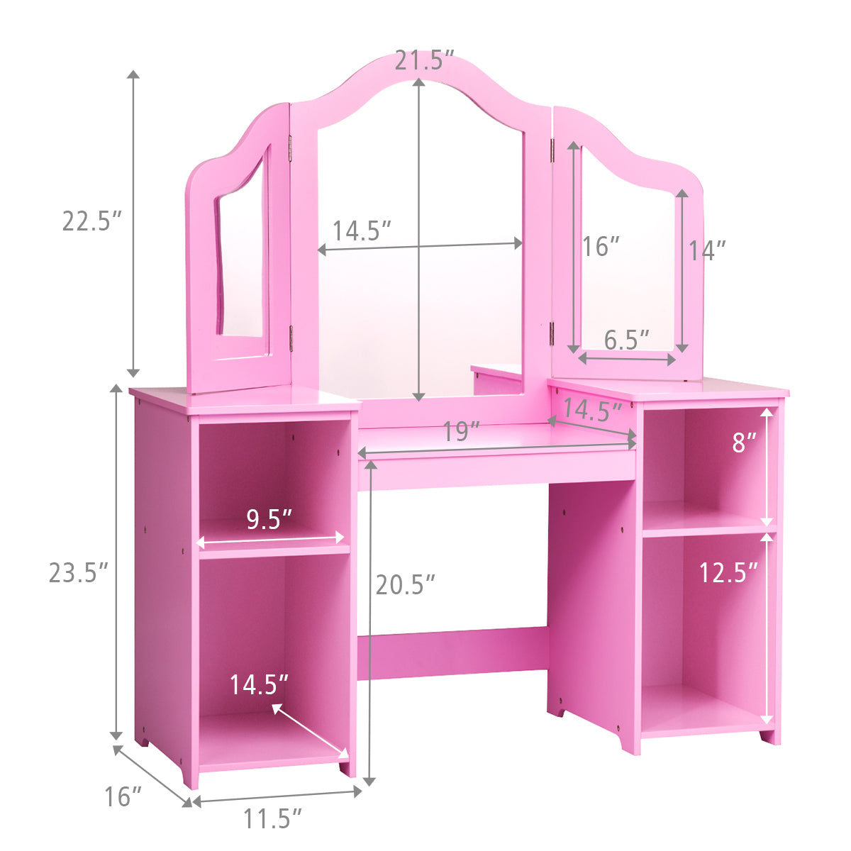 Kids Tri-Folding Mirror Vanity Table Set with Storage