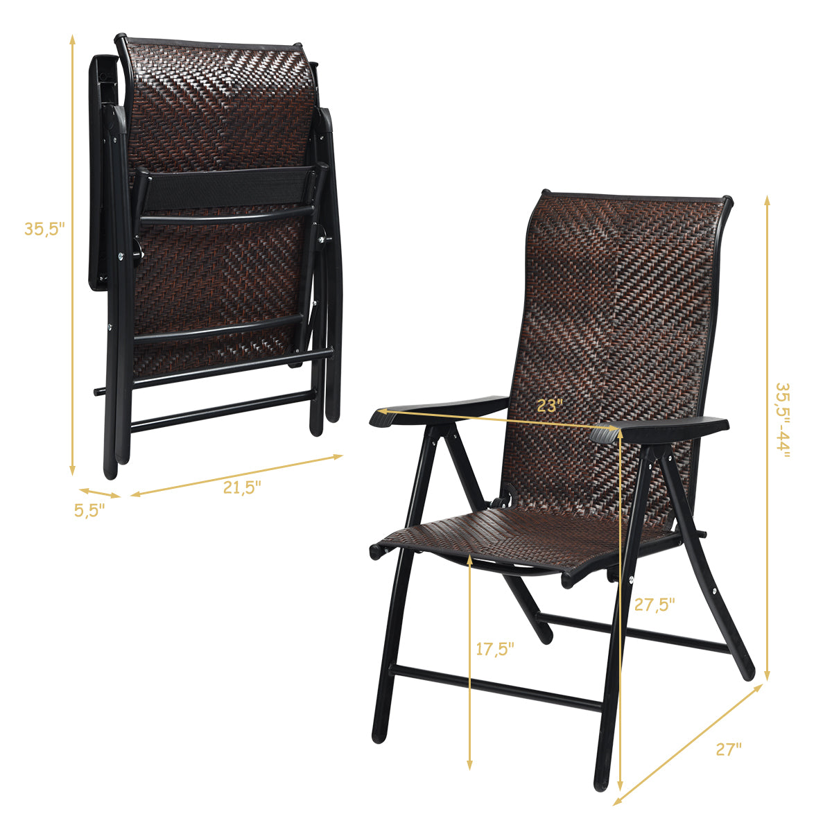 Folding Rattan Patio Reclining Chairs - Set of 2