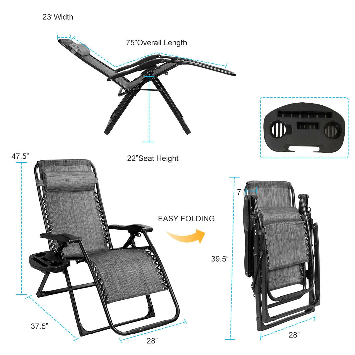 Oversized Zero Gravity Lounge Chair with Cup Holder - 500 lbs