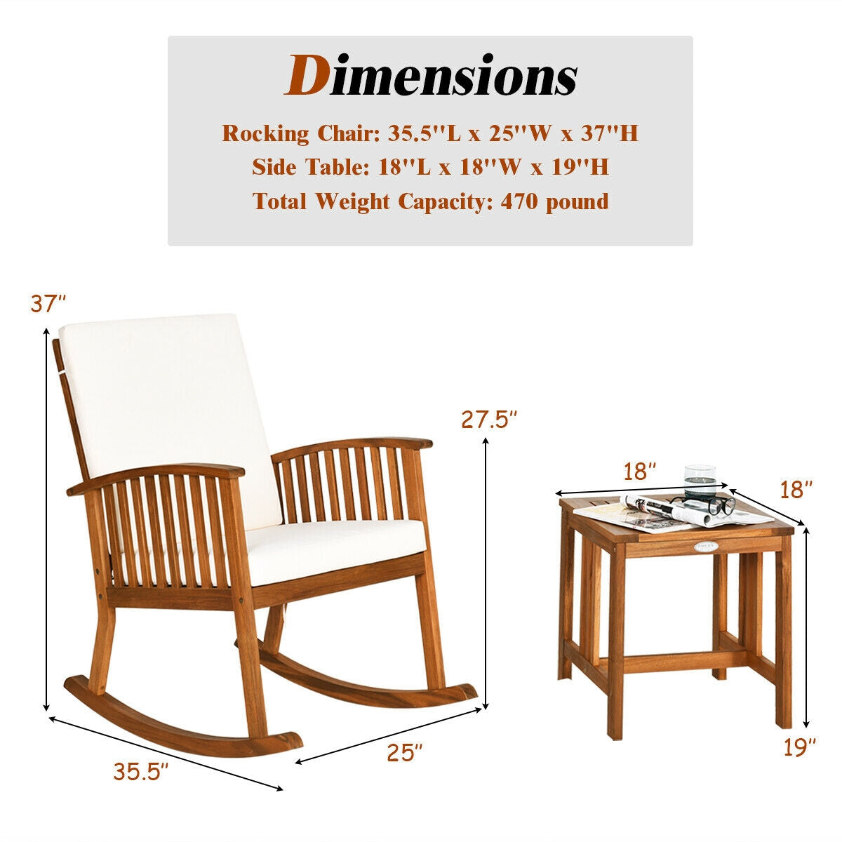 Acacia Wood Patio Rocking Chair Set with Table & Cushions