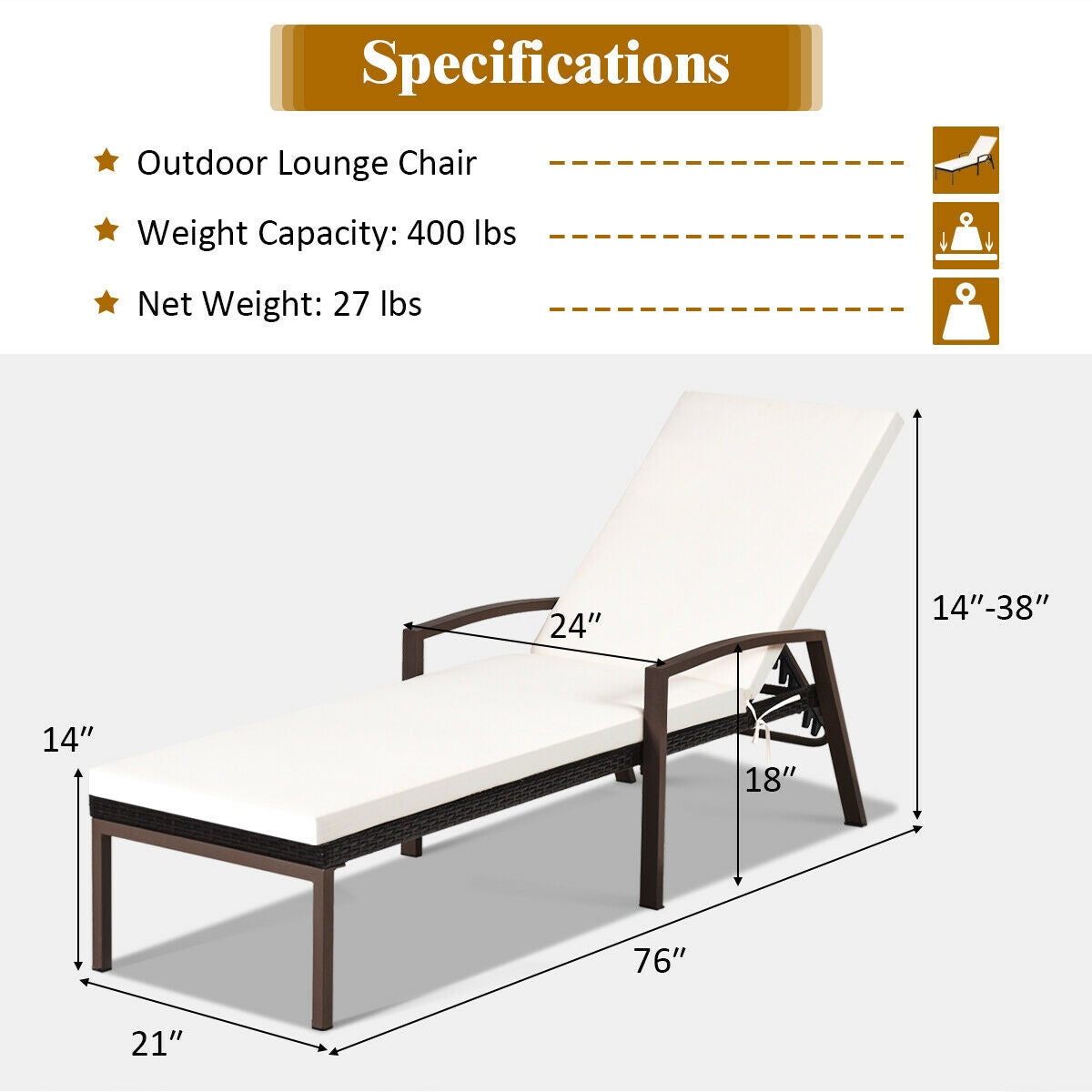 Adjustable Patio Chaise Lounge with Cushion - 5 Positions