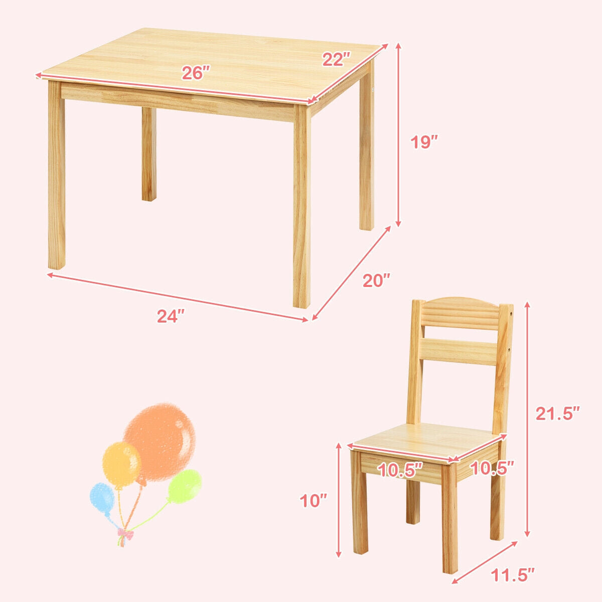 Kids Table and Chair Set - 5 Piece Pine Wood
