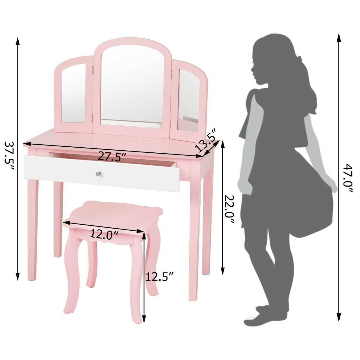 Kids Vanity Table with Tri-Fold Mirror and Chair Set
