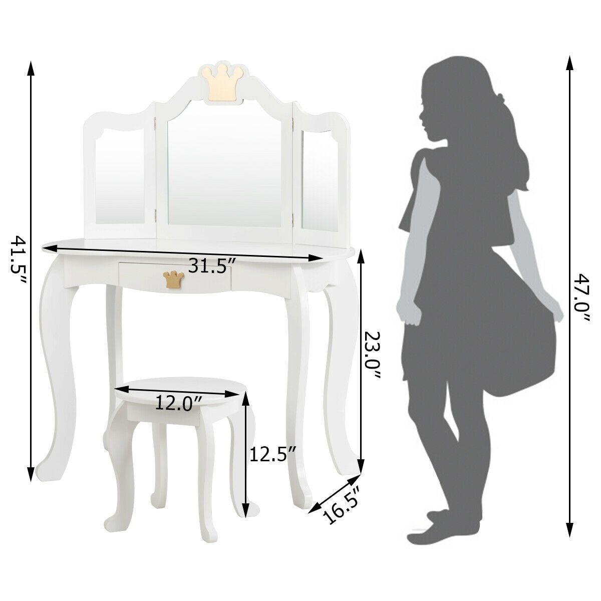 Kids Makeup Vanity Table with Tri-Fold Mirror and Stool