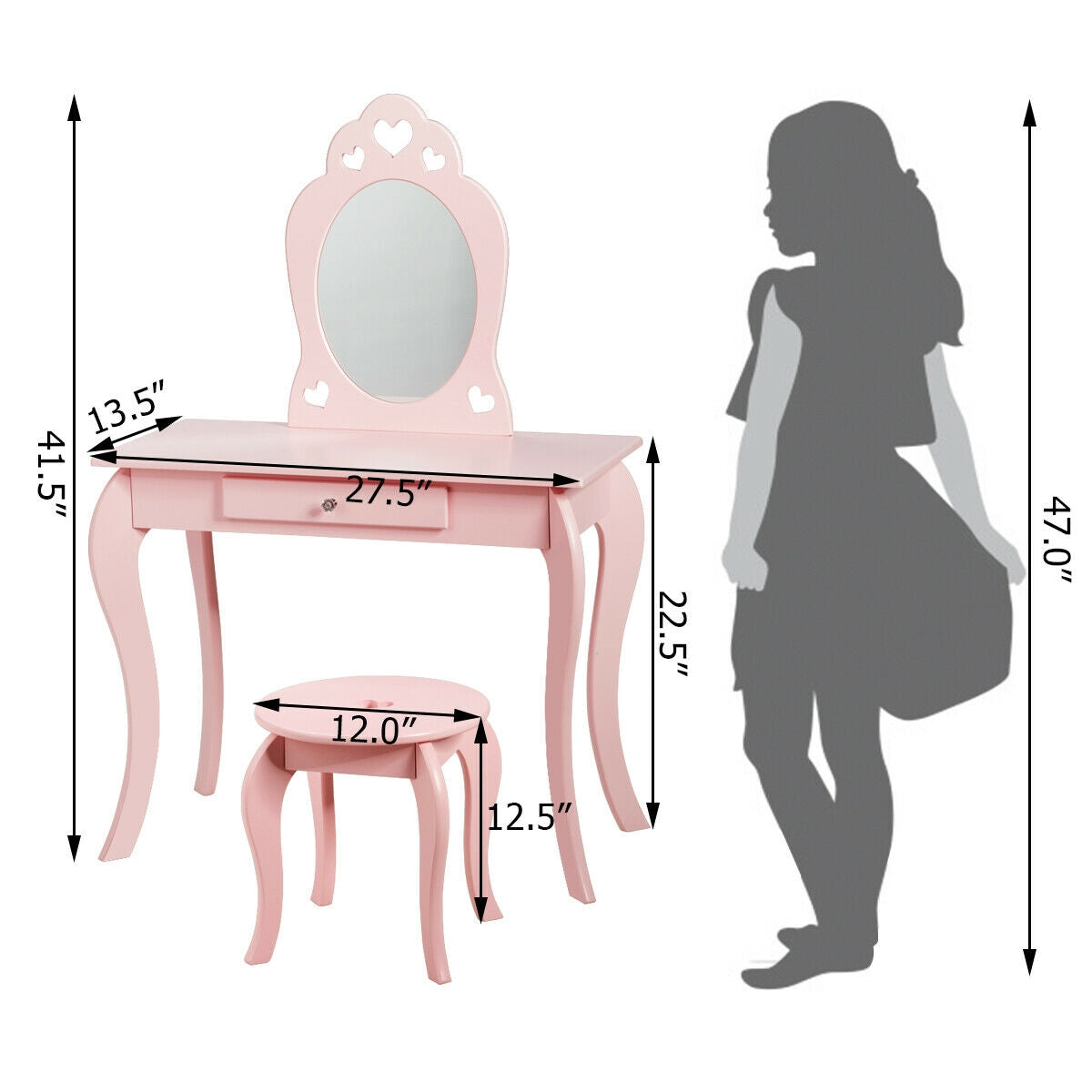 Kids Vanity Table Set with Mirror and Stool