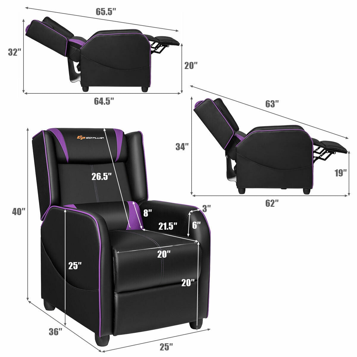 Massage Gaming Recliner Chair with Footrest - Purple