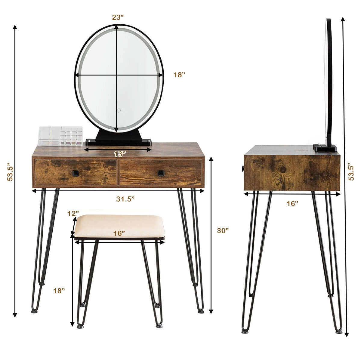 Industrial Makeup Vanity Table with LED Mirror & Stool
