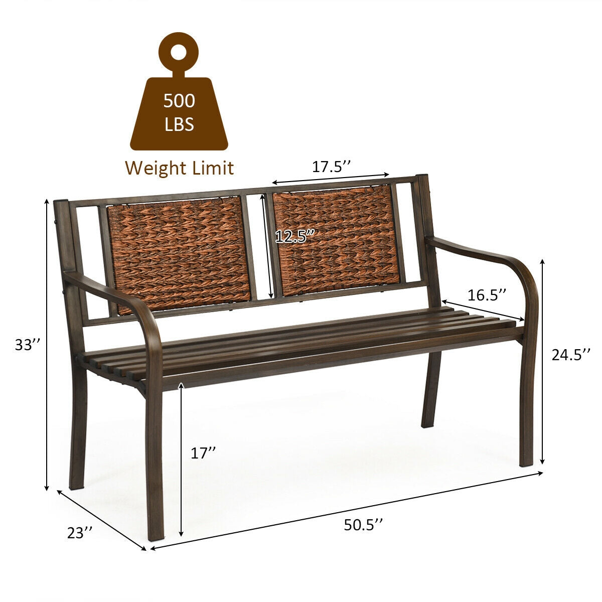 Outdoor Garden Bench with Steel Frame and PE Rattan - 500 lbs