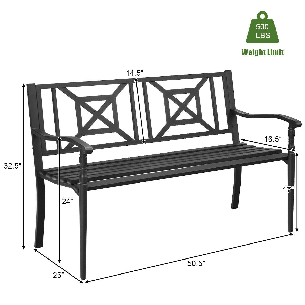 Steel Patio Garden Bench with Armrests - 500 lb Capacity