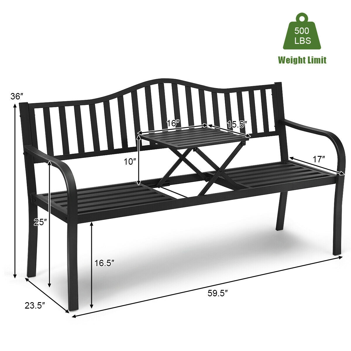 Outdoor Garden Bench with Adjustable Center Table - Steel Frame