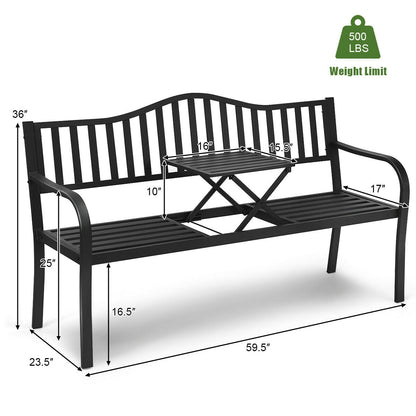 Outdoor Garden Bench with Adjustable Center Table - Steel Frame