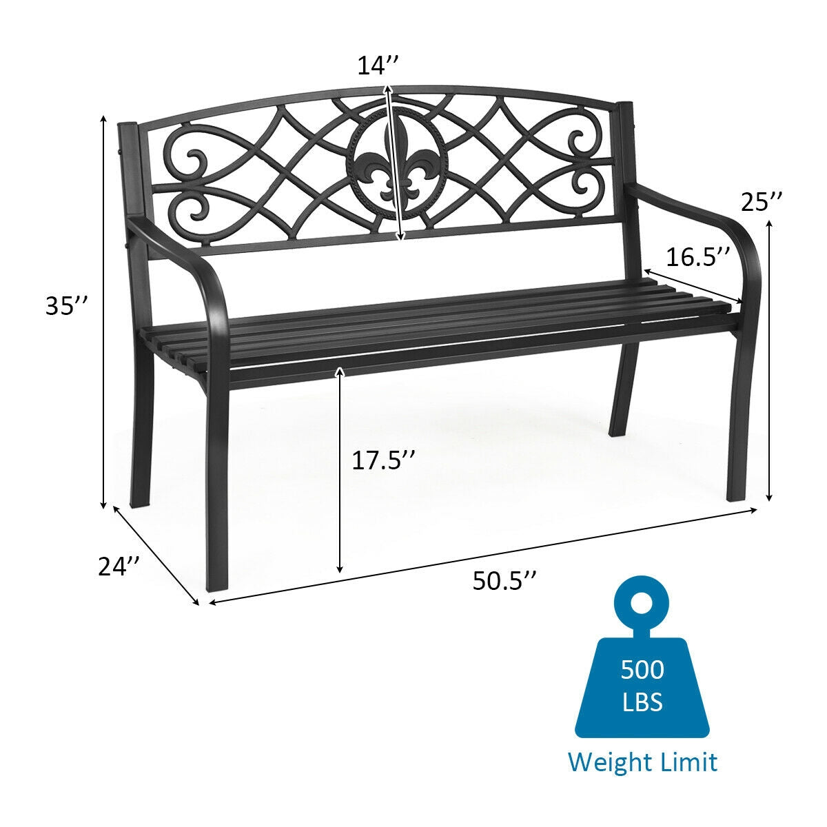 50-Inch Metal Garden Bench with Armrests - 500 lb Capacity