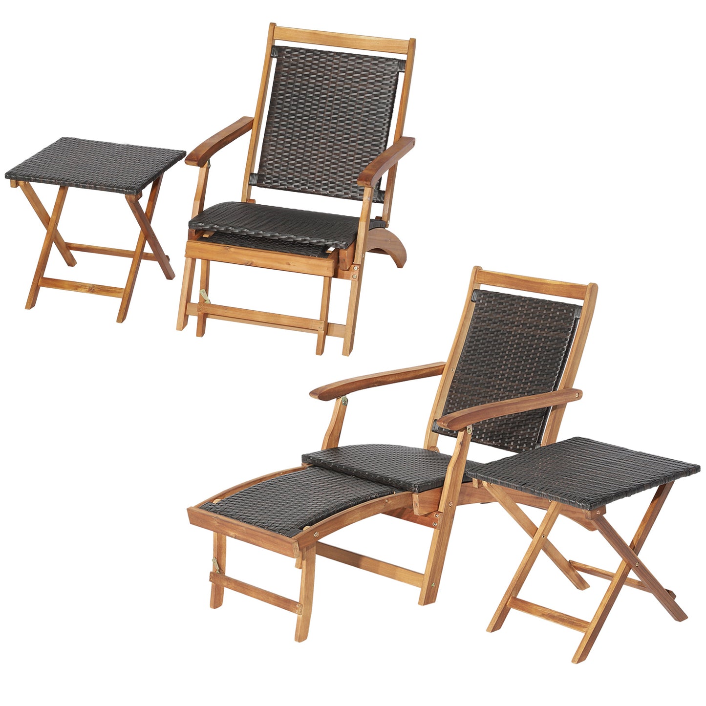 Patio Rattan Folding Lounge Chair with Acacia Wood Table Set
