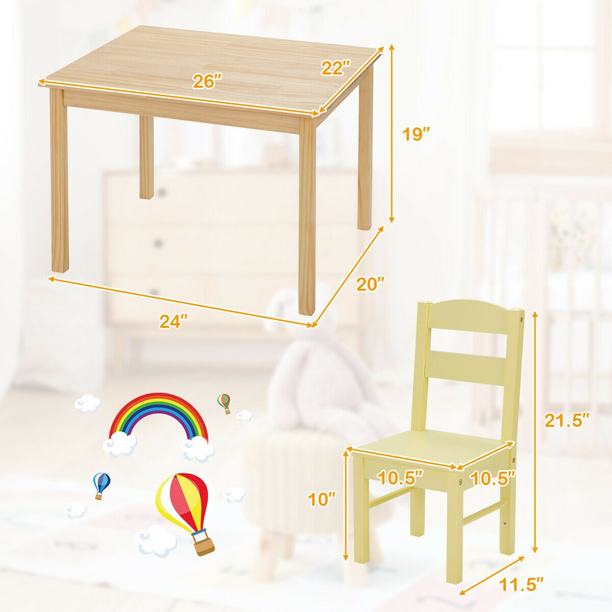 Kids Table and Chair Set - 5 Piece Pine Wood