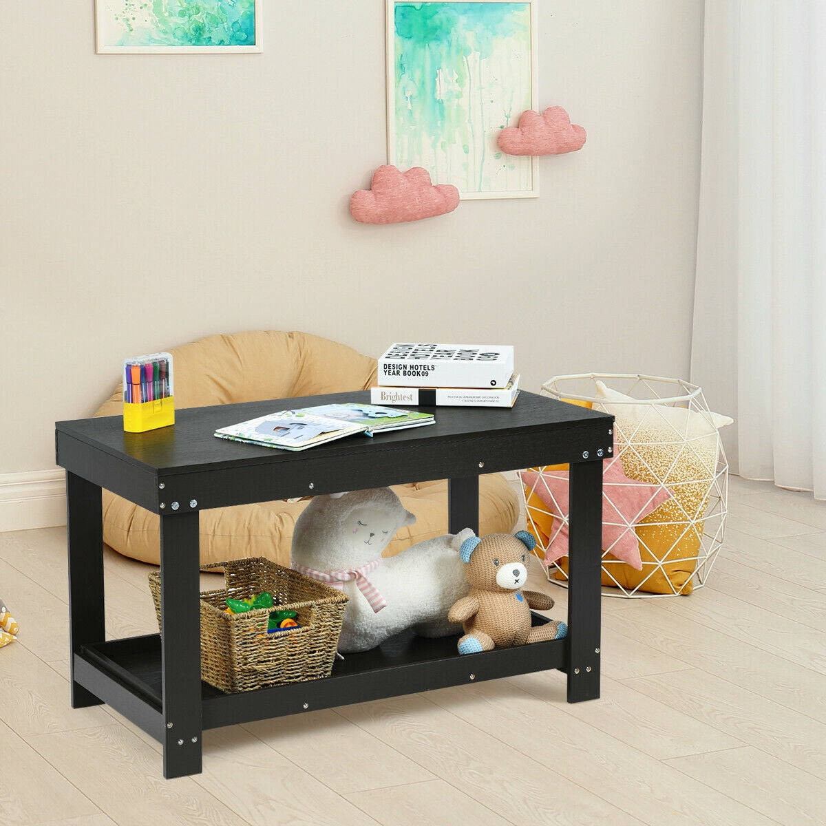 Kids Activity Play Table with Storage - Solid Pine Wood