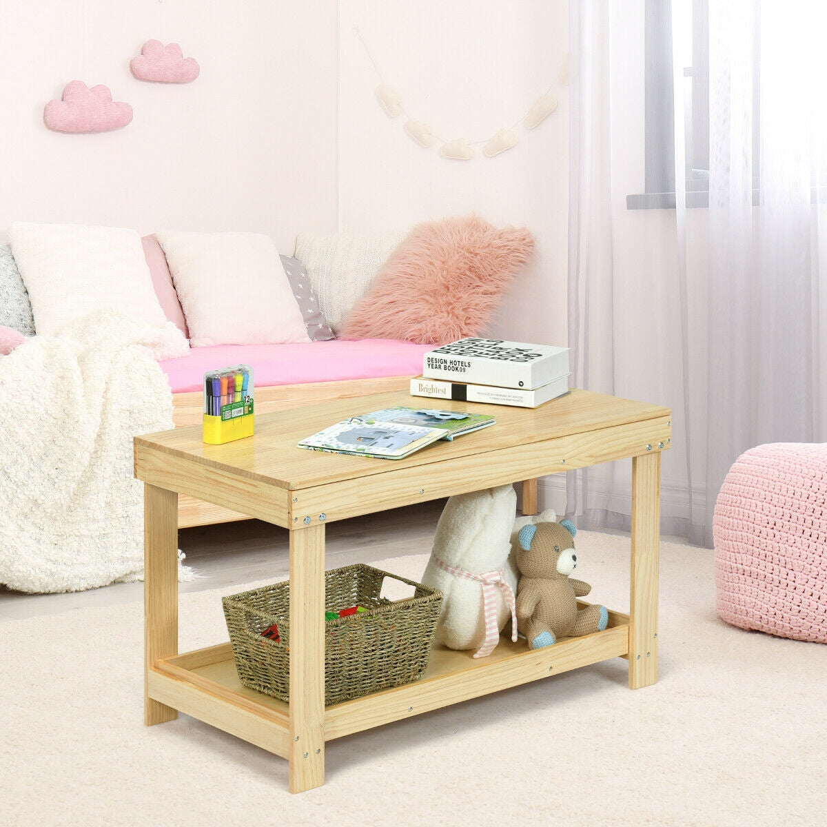 Kids Activity Play Table with Storage - Solid Pine Wood