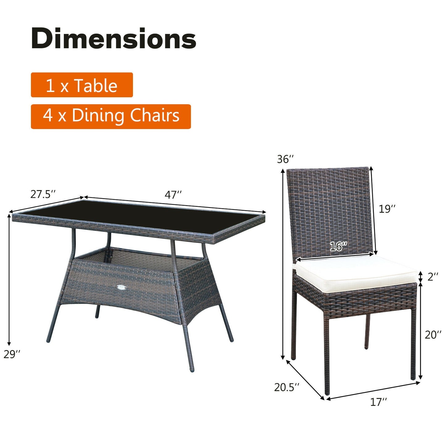 5-Piece Rattan Patio Dining Set with Glass Table & Cushions