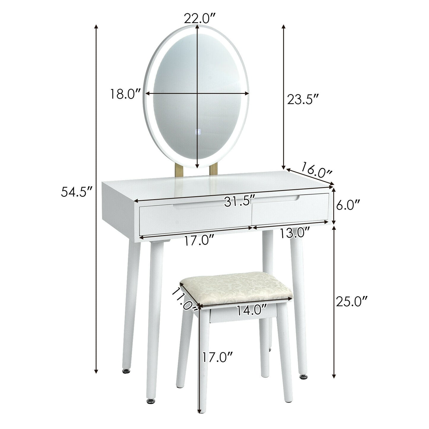 Vanity Makeup Table with Lighted Mirror and Stool Set