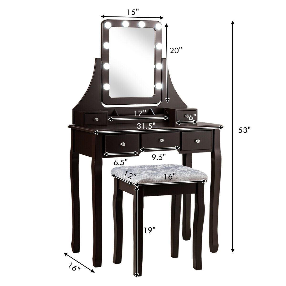 Vanity Dressing Table Set with 10 Dimmable Bulbs & Stool