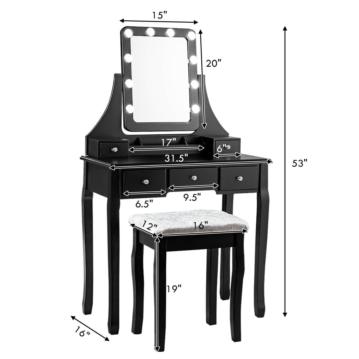 Vanity Dressing Table Set with 10 Dimmable Bulbs & Stool