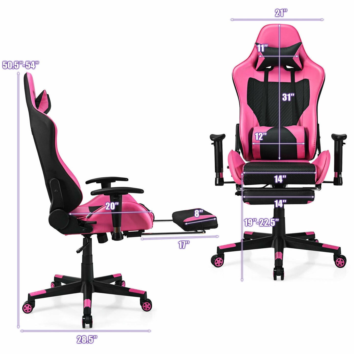 Gaming Chair with USB Massage Lumbar Support and Footrest
