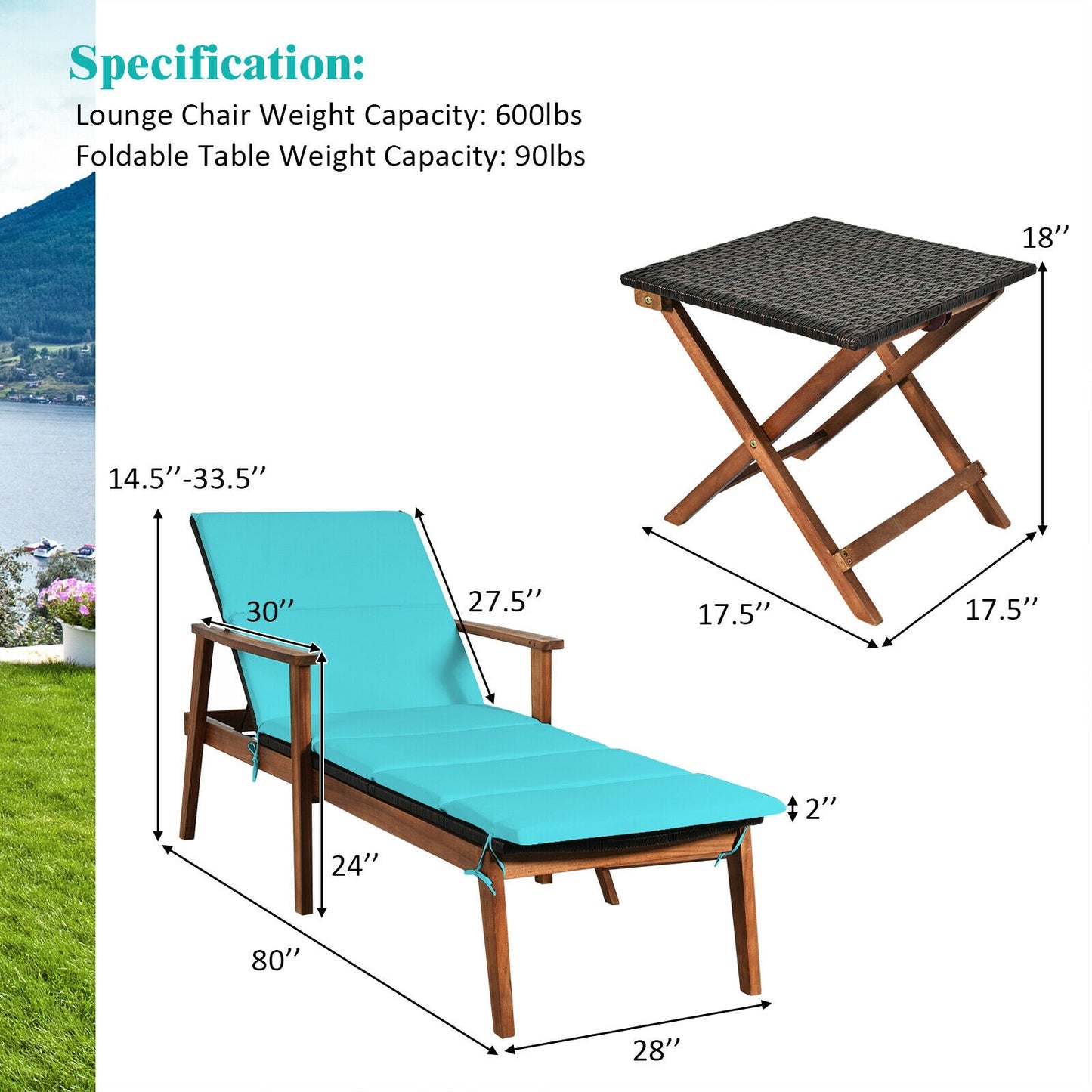 3-Piece Patio Lounge Chair Set with Folding Table