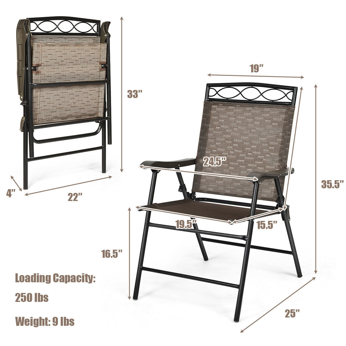 Folding Patio Dining Chairs Set of 2 with Armrests