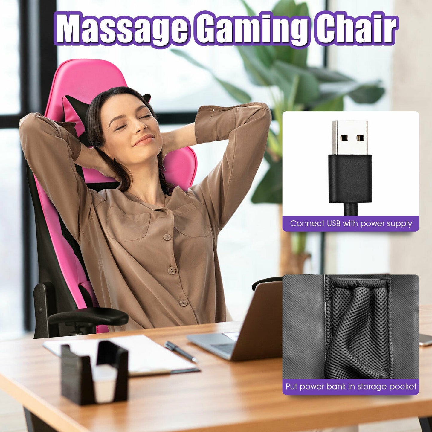 Gaming Chair with USB Massage Lumbar Support and Footrest
