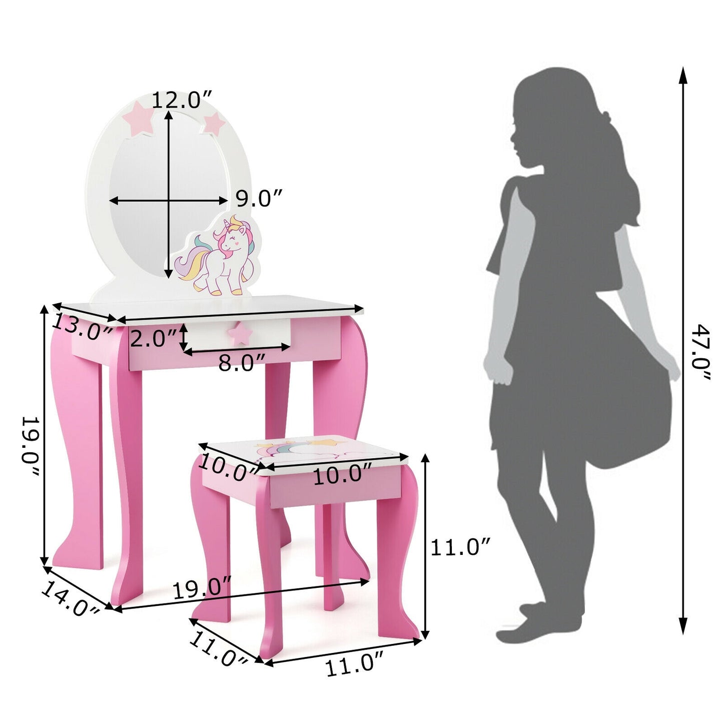 Kids Wooden Vanity Table and Chair Set with Mirror and Drawer