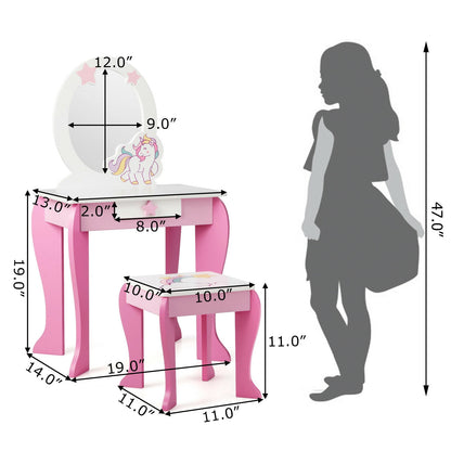 Kids Wooden Vanity Table and Chair Set with Mirror and Drawer