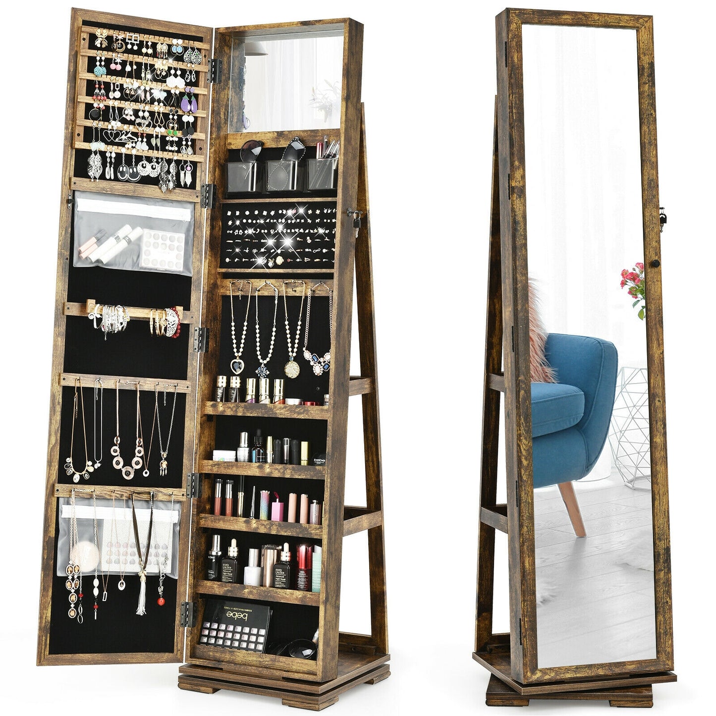 Jewelry Armoire with Full-Length Mirror and 360° Rotation