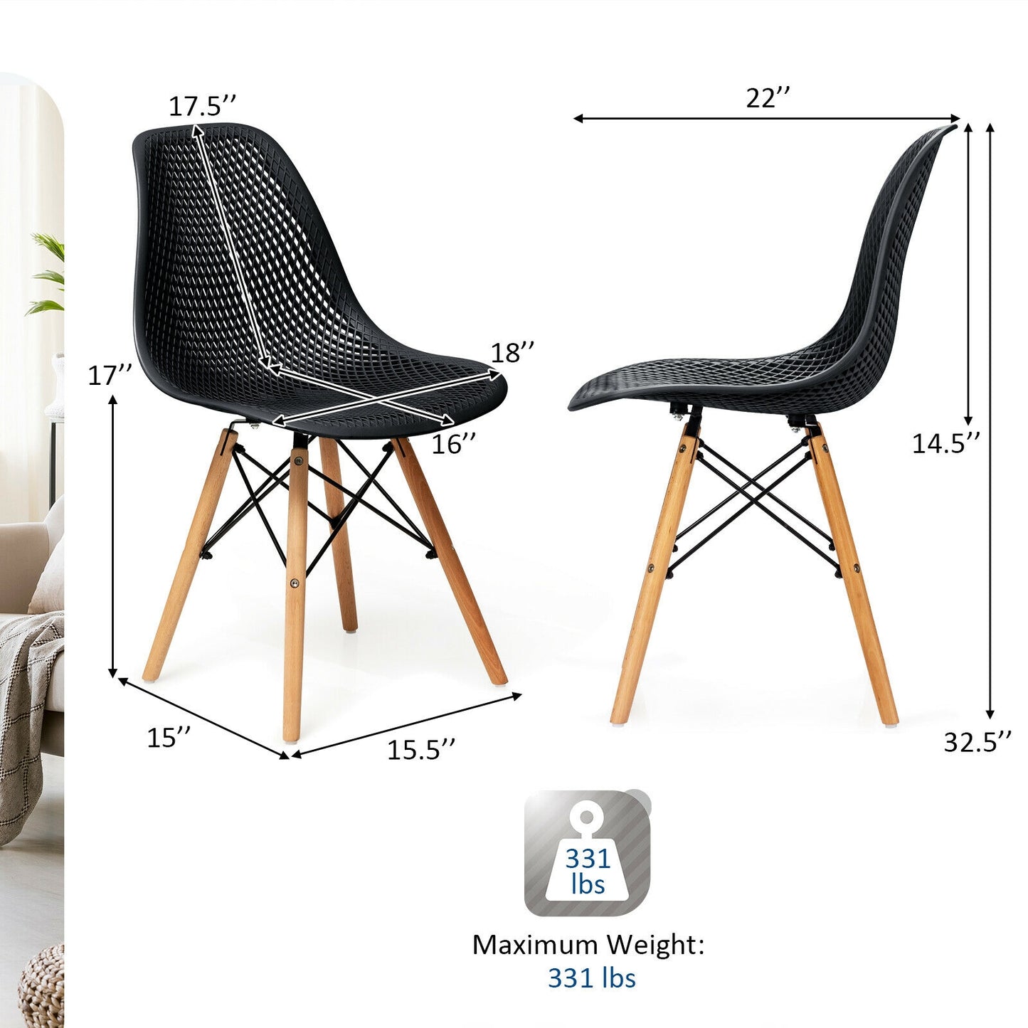 Modern Hollow Dining Chairs Set of 4 with Wood Legs