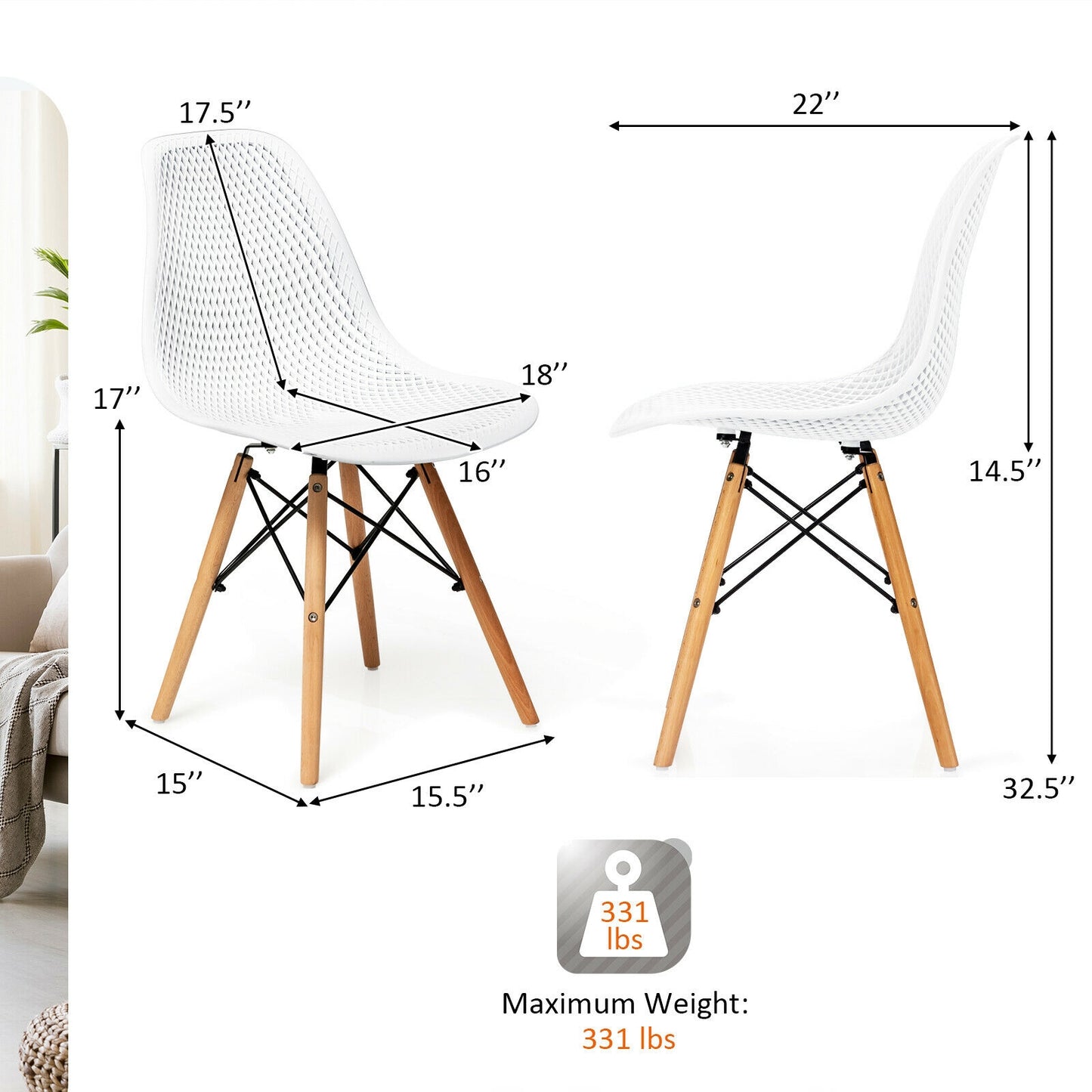 Modern Hollow Dining Chairs Set of 4 with Wood Legs