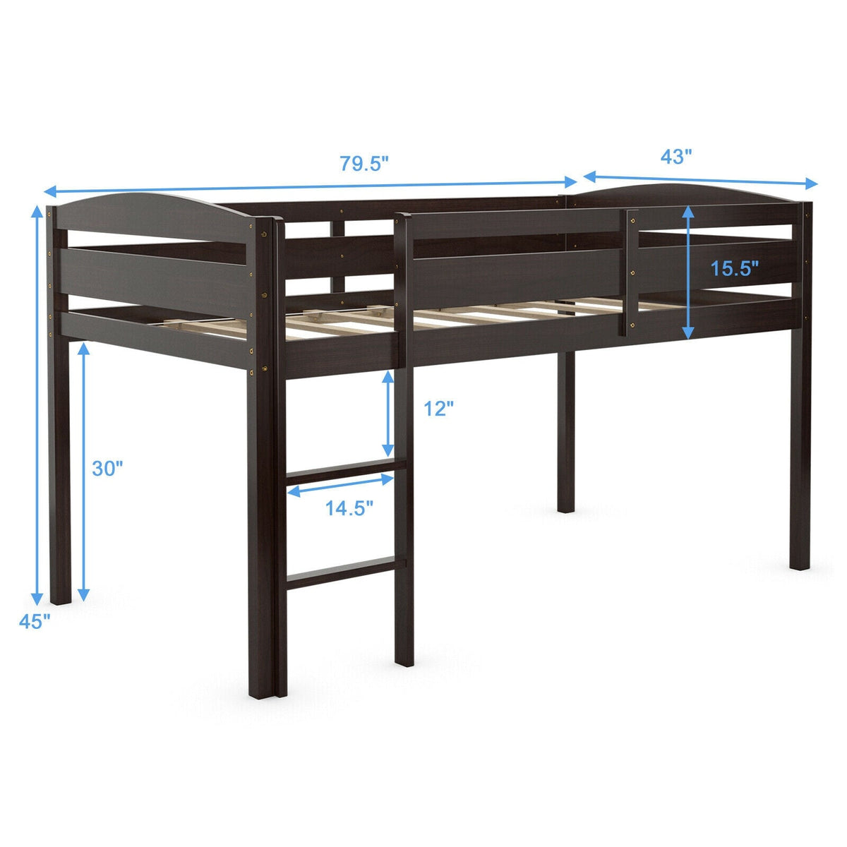 Wooden Twin Low Loft Bunk Bed with Guard Rail and Ladder