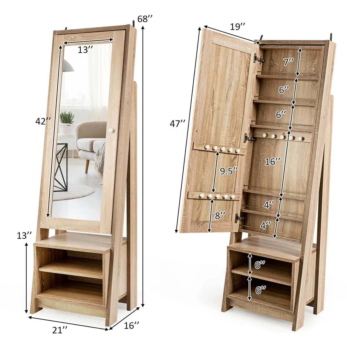 Jewelry Armoire with Full-Length Mirror and Storage Cabinet