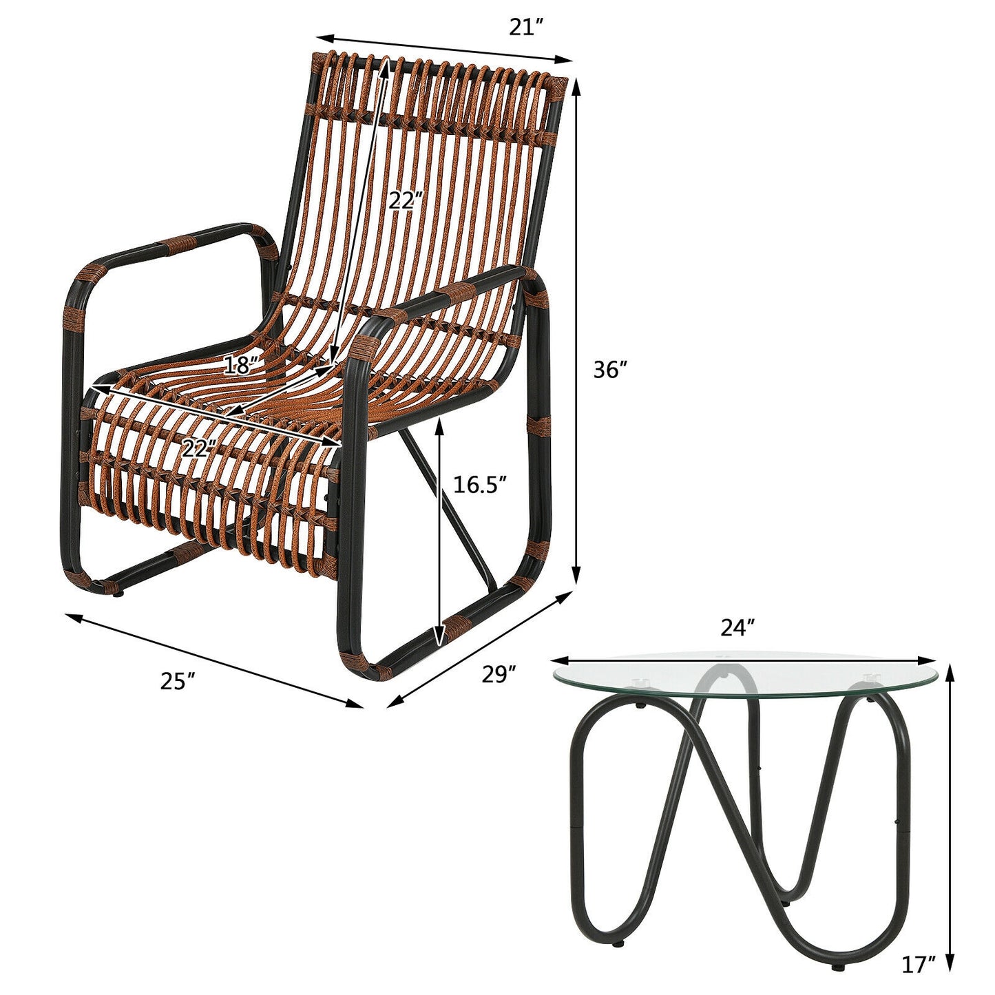 3-Piece Patio Conversation Set with Wicker Chairs & Glass Table