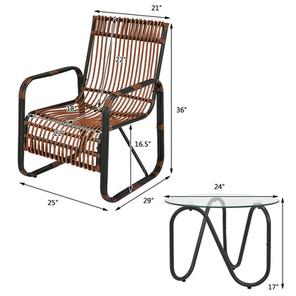 3-Piece Patio Conversation Set with Wicker Chairs & Glass Table